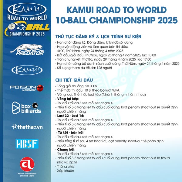 Kamui Road To World 10-Ball Championship 2025 – Giải đấu đỉnh cao của làng Billiards thế giới 2 Thủ tục đăng ký tham dự, lịch trình thi đấu và chi tiết về giải đấu